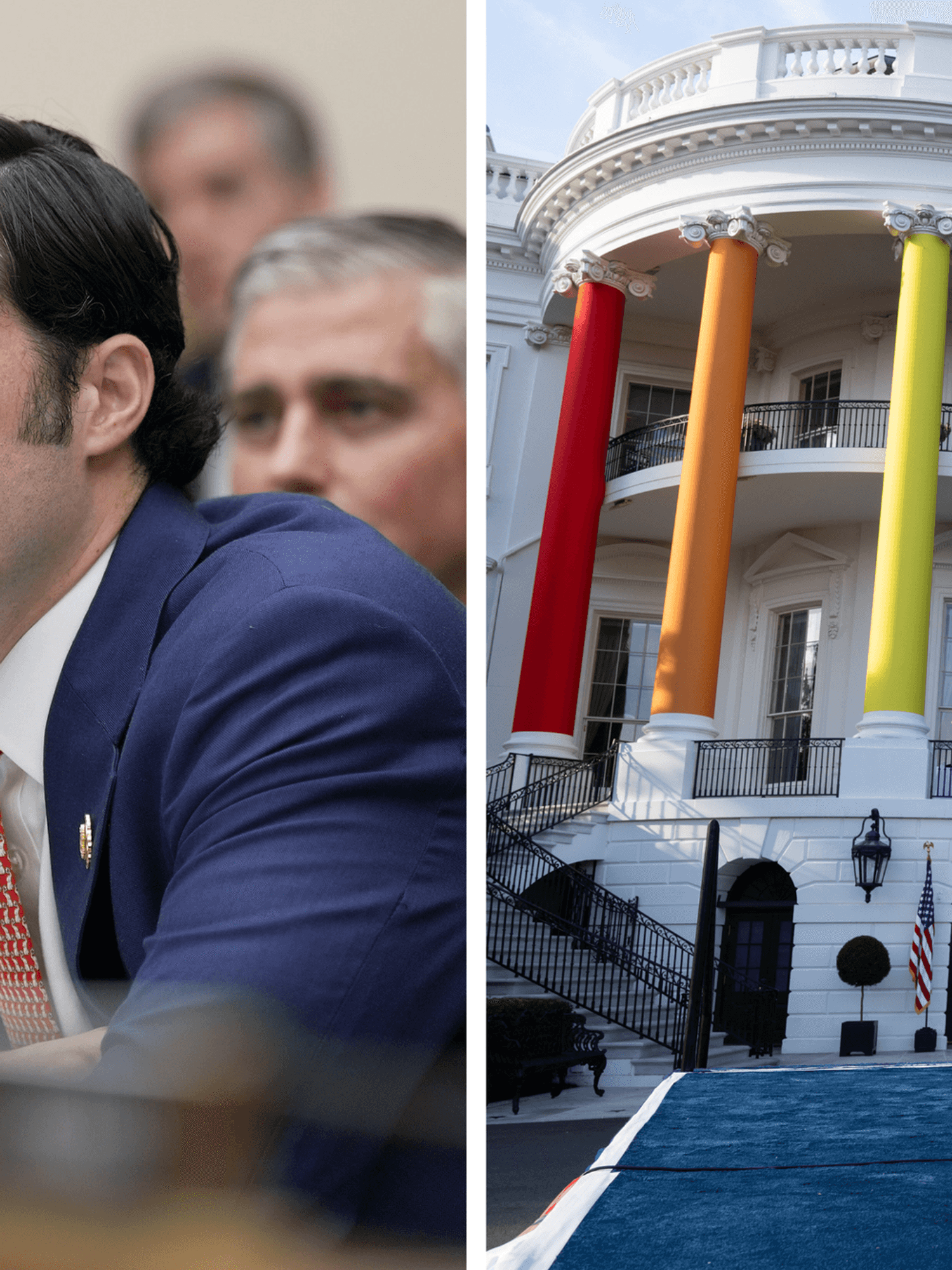 Left, Brandon Gill sitting on a House committee. Right, the White House, with its pillars covered in the colours of the rainbow.