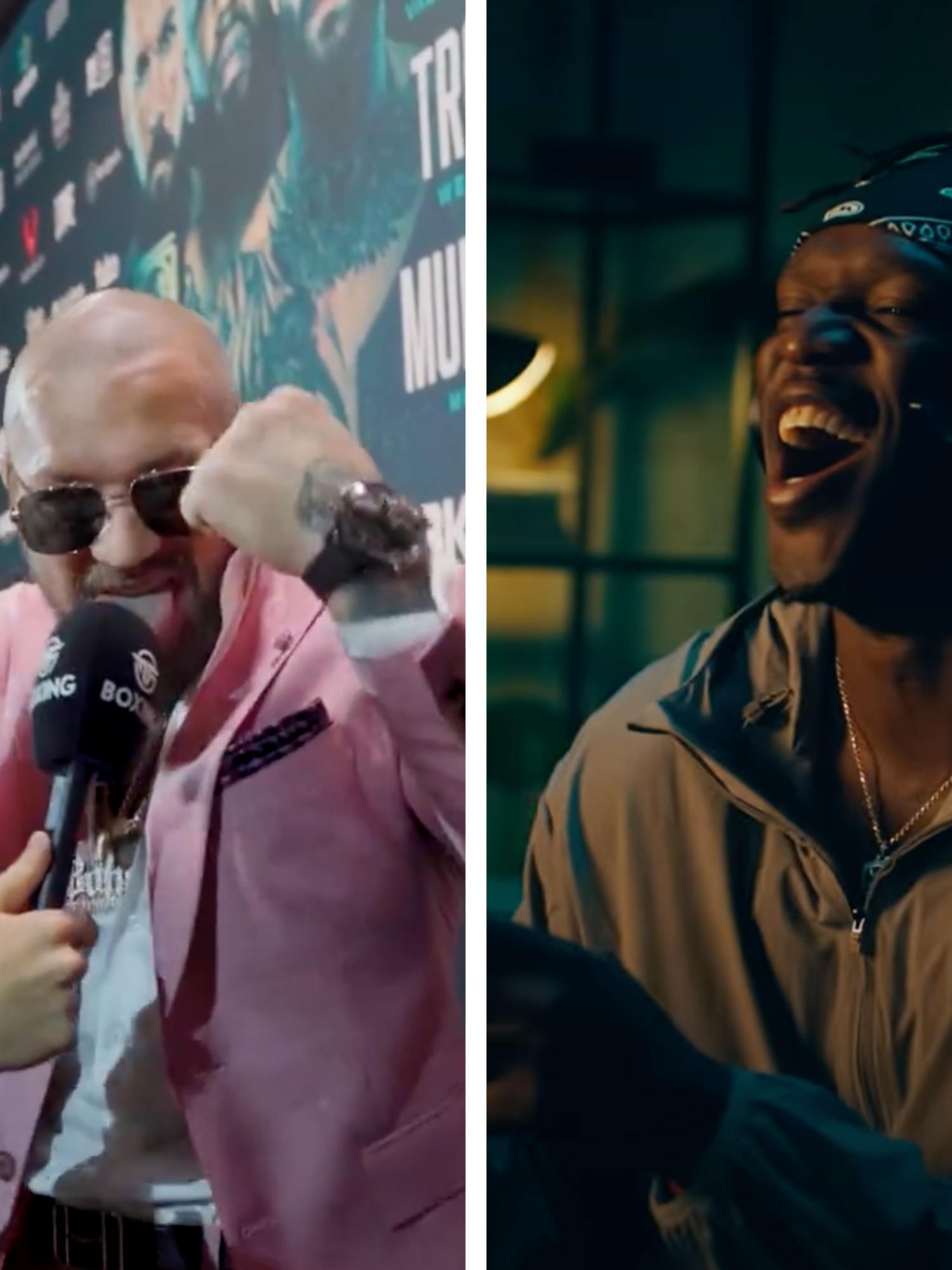 Left, Conor McGregor at a press conference sticks his tongue out and raises his fists to the camera during an interview. Right, KSI laughs as he holds a controller in his hands - a still from his 'Thick of It' music video.