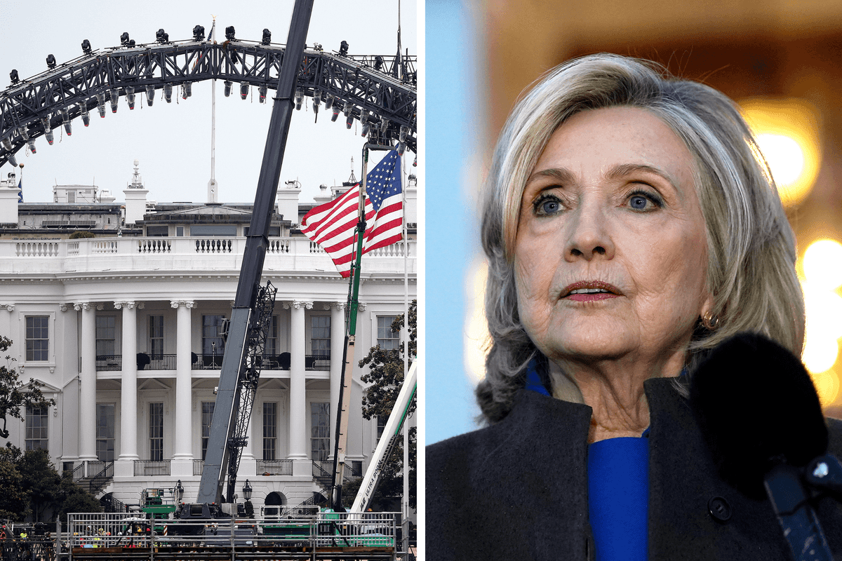 Left, construction at the White House of a UFC stage. Right, Hillary Clinton.