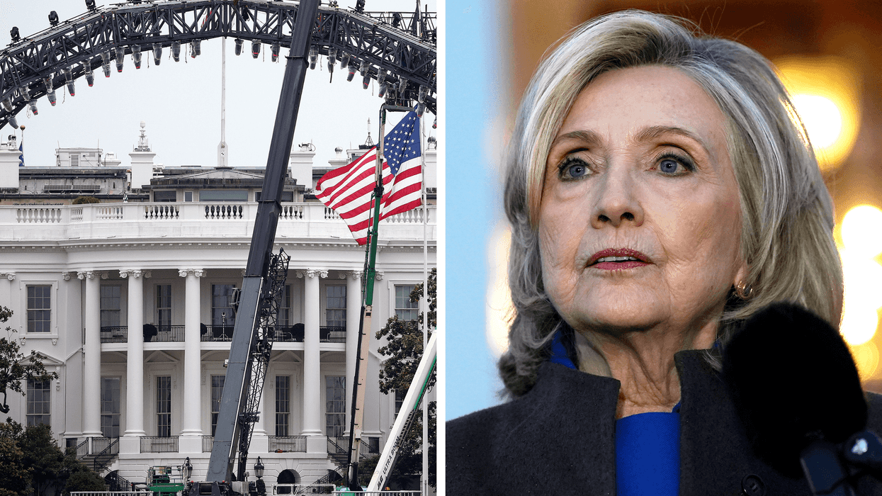 Left, construction at the White House of a UFC stage. Right, Hillary Clinton.