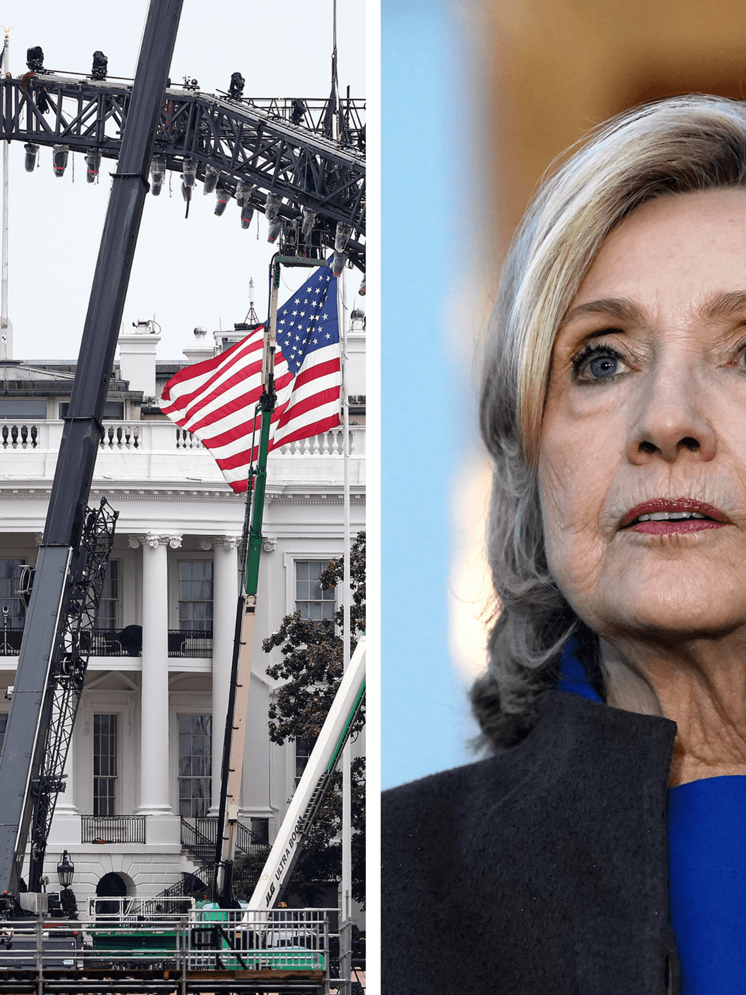 Left, construction at the White House of a UFC stage. Right, Hillary Clinton.