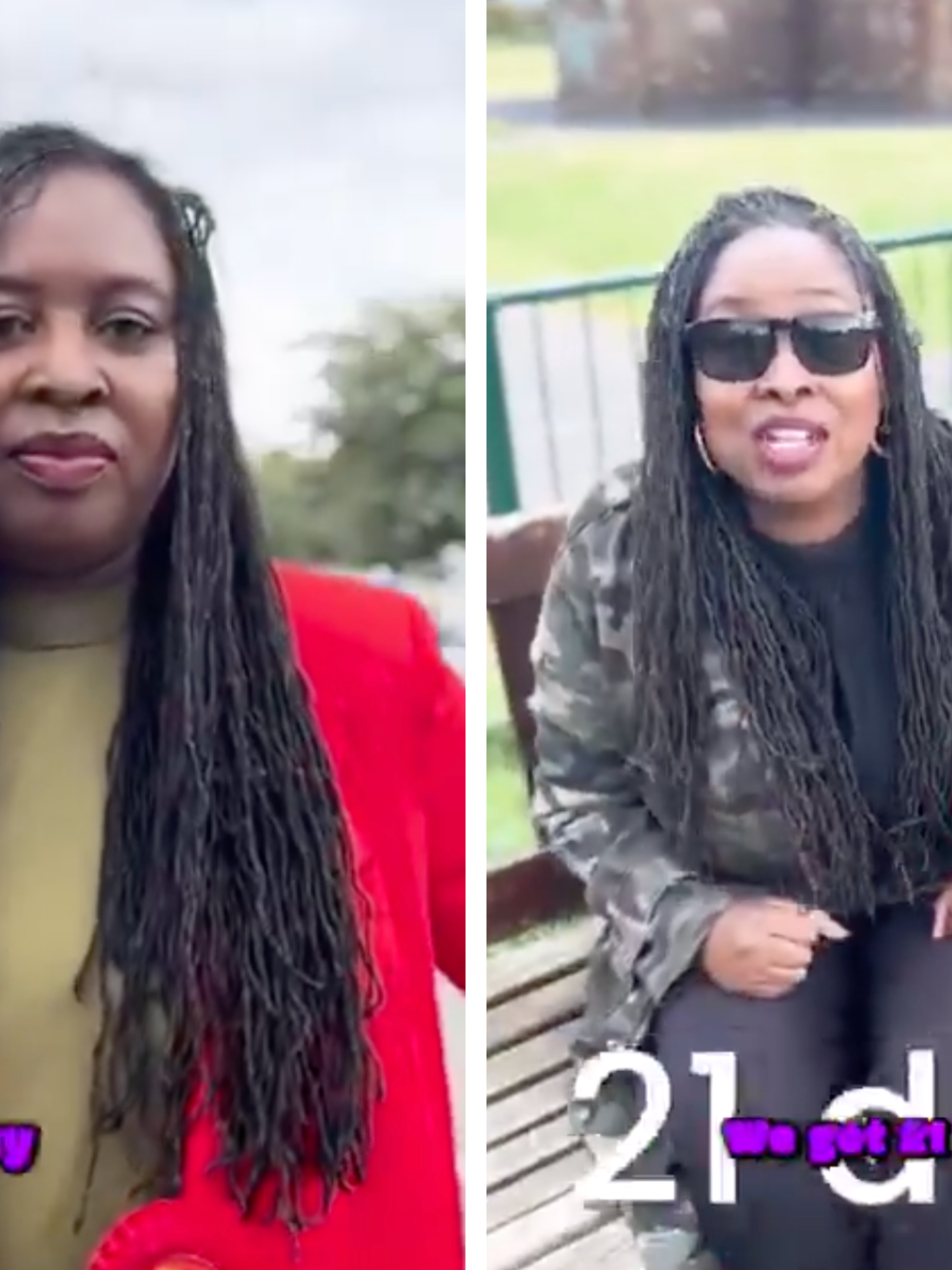 Left, Dawn Butler in a red suit jacket, giving a serious look to the camera. Right, Dawn on a bench wearing sunglasses rapping to the camera.