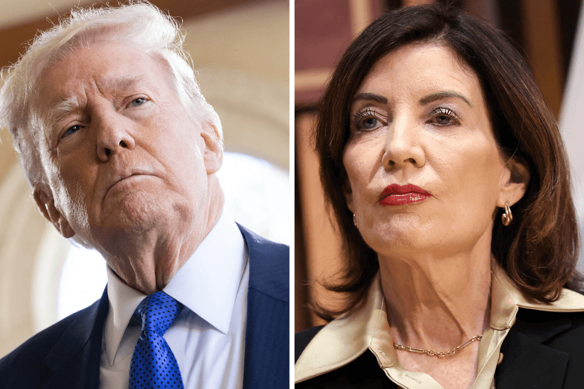 Left, Donald Trump, a white man with short white hair. Right, Kathy Hochul, a white woman with short brown hair.