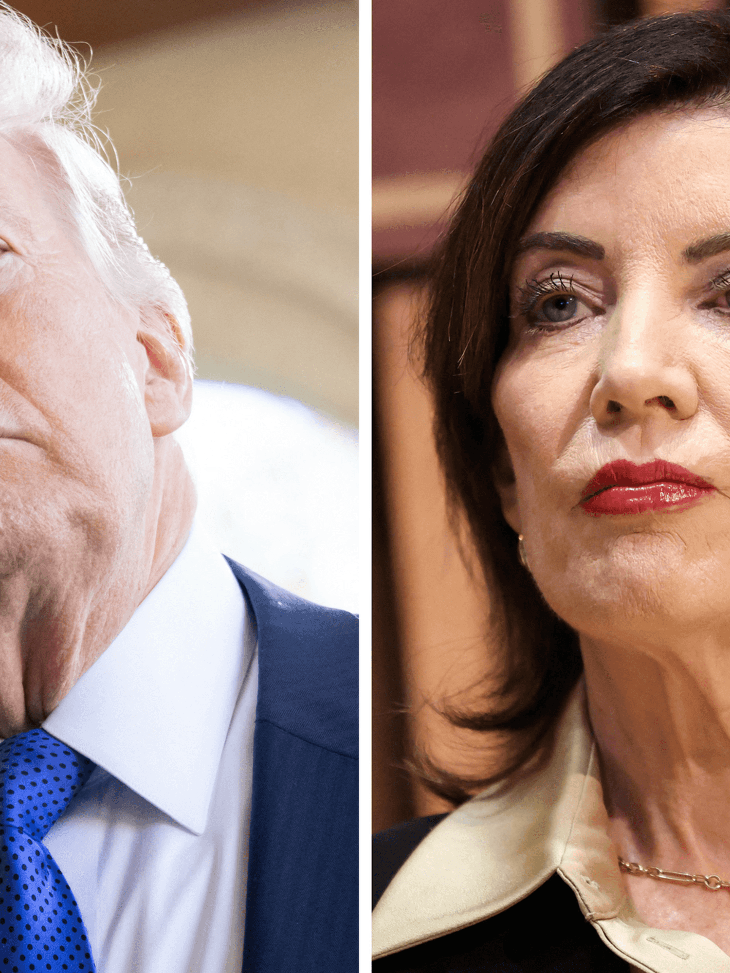 Left, Donald Trump, a white man with short white hair. Right, Kathy Hochul, a white woman with short brown hair.
