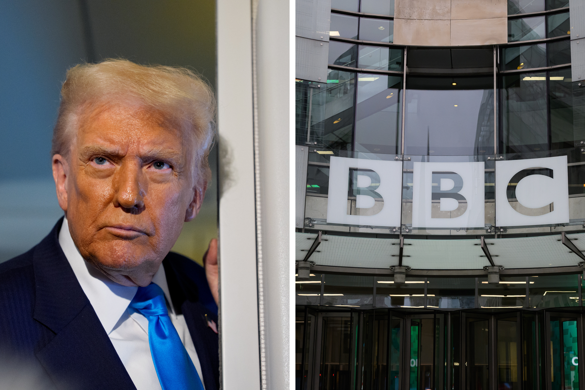 Left, Donald Trump and right, BBC signage outside Broadcasting House in London.