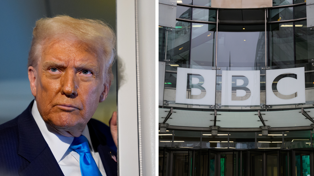 Left, Donald Trump and right, BBC signage outside Broadcasting House in London.