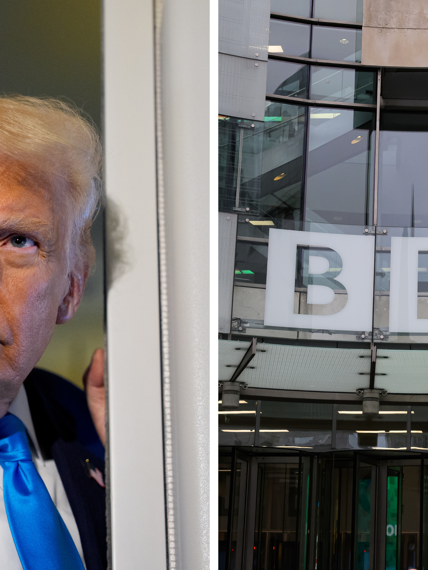 Left, Donald Trump and right, BBC signage outside Broadcasting House in London.