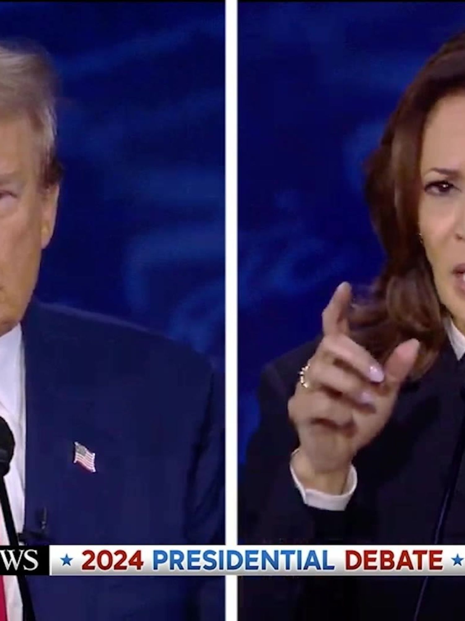 Left, Donald Trump frowns behind a microphone. Right, Kamala Harris points with her right index finger while speaking. An ABC News banner at the bottom of the image reads: '2024 Presidential Debate'.