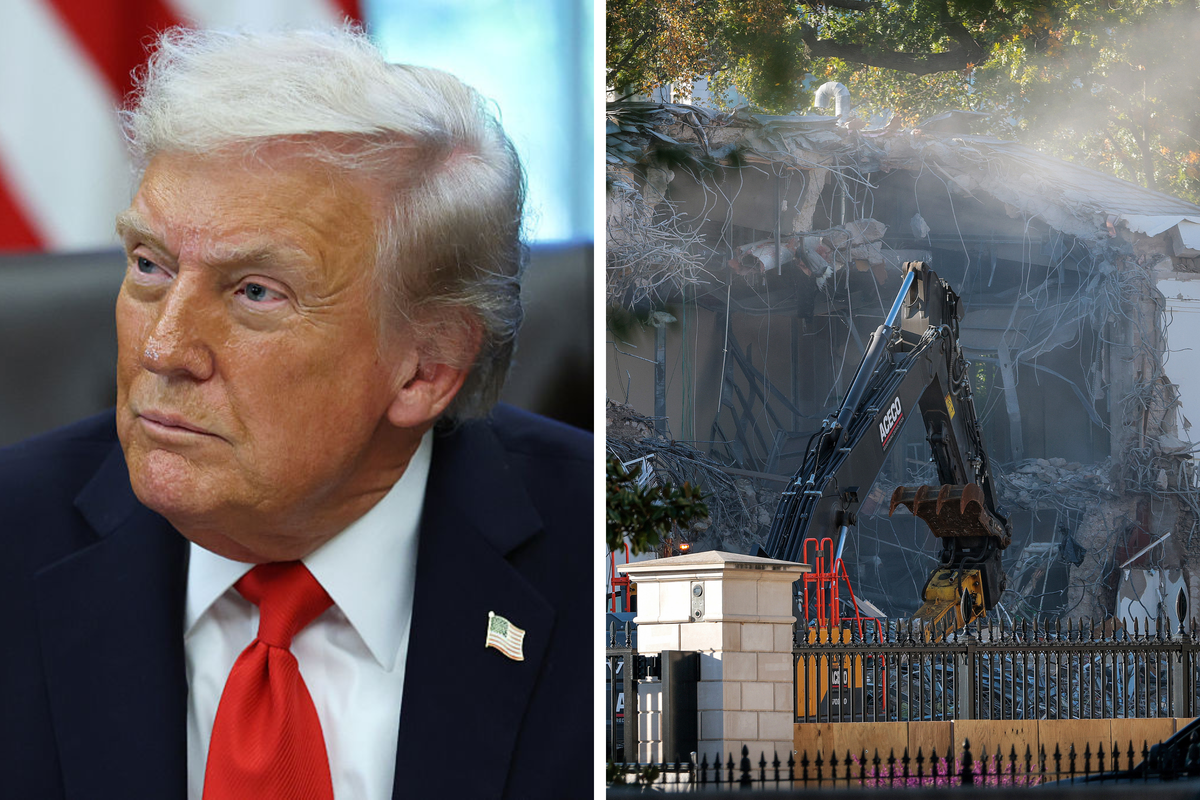 Left, Donald Trump in a black suit and red tie, looking to his right with a neutral expression on his face. Right, demolition work on the East Wing of the White House, with a digger visible in the foreground.