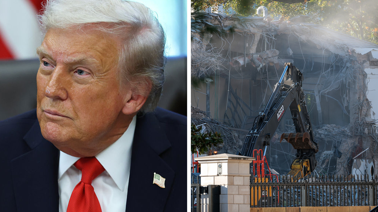 Left, Donald Trump in a black suit and red tie, looking to his right with a neutral expression on his face. Right, demolition work on the East Wing of the White House, with a digger visible in the foreground.