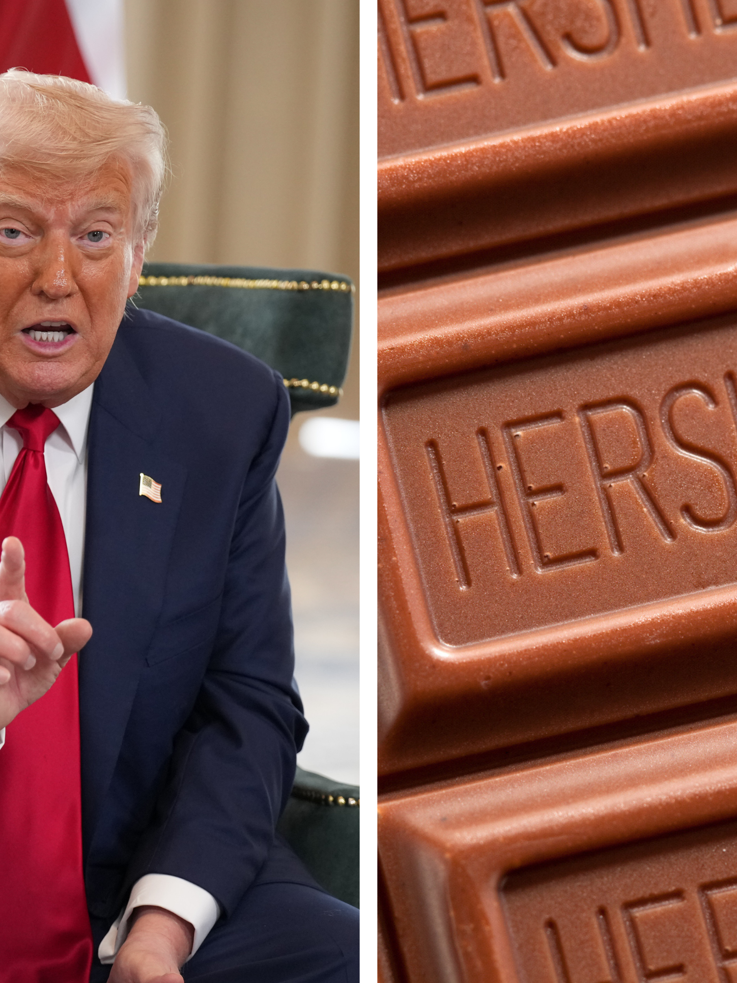 Left, Donald Trump in a blue suit and red tie sitting on a green chair. Right, brown chocolate blocks with 'Hershey's' on them.