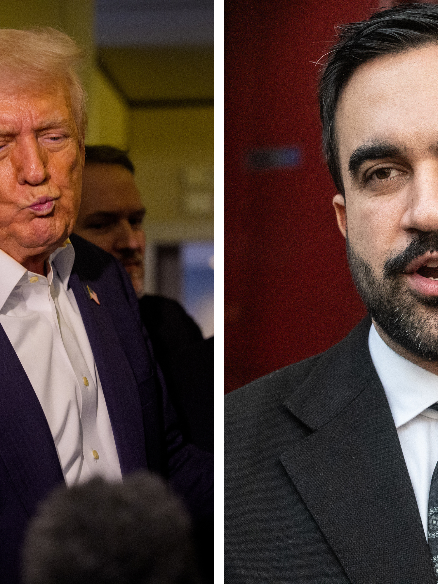 Left, Donald Trump in a doorway of Air Force One talking to reporters. The photo makes it looks like Trump is scrunching his face into a 'kiss' expression. Right, Zohran Mamdani.