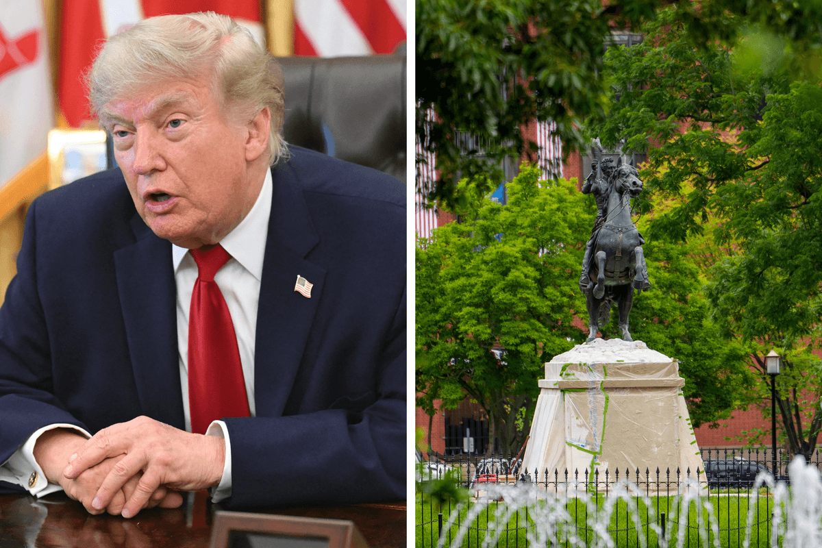Left, Donald Trump in the Oval Office. Right, a fountain in Lafayette Square park.