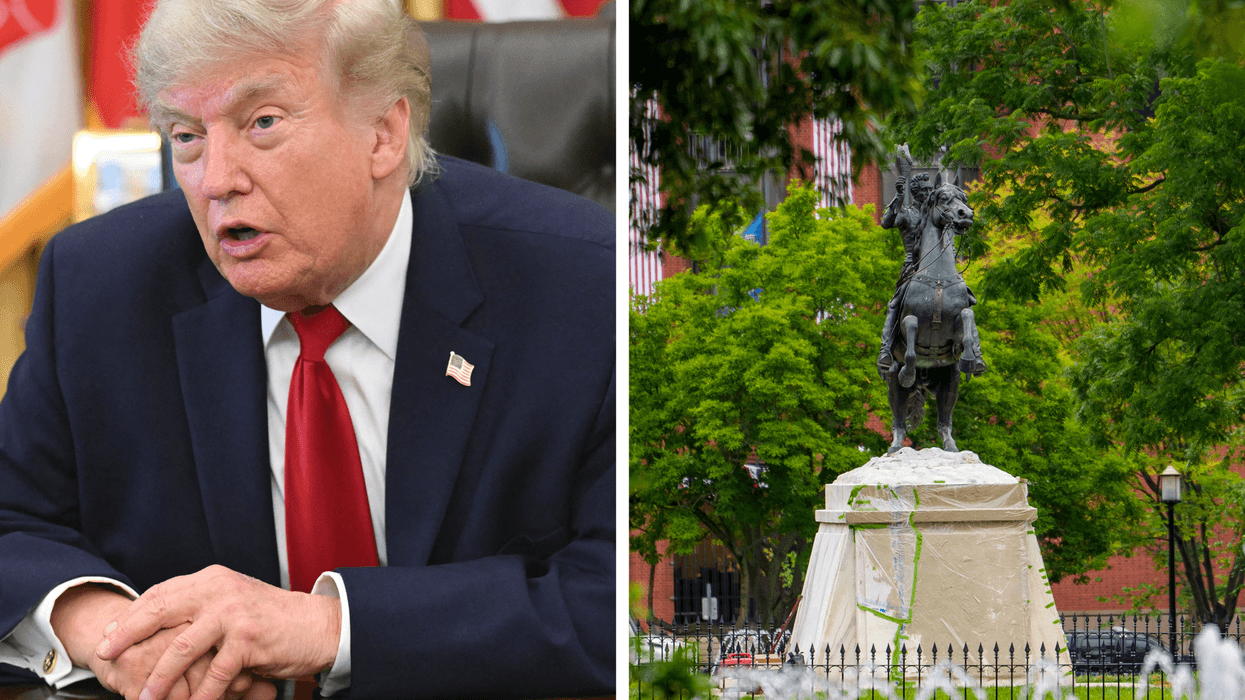 Left, Donald Trump in the Oval Office. Right, a fountain in Lafayette Square park.
