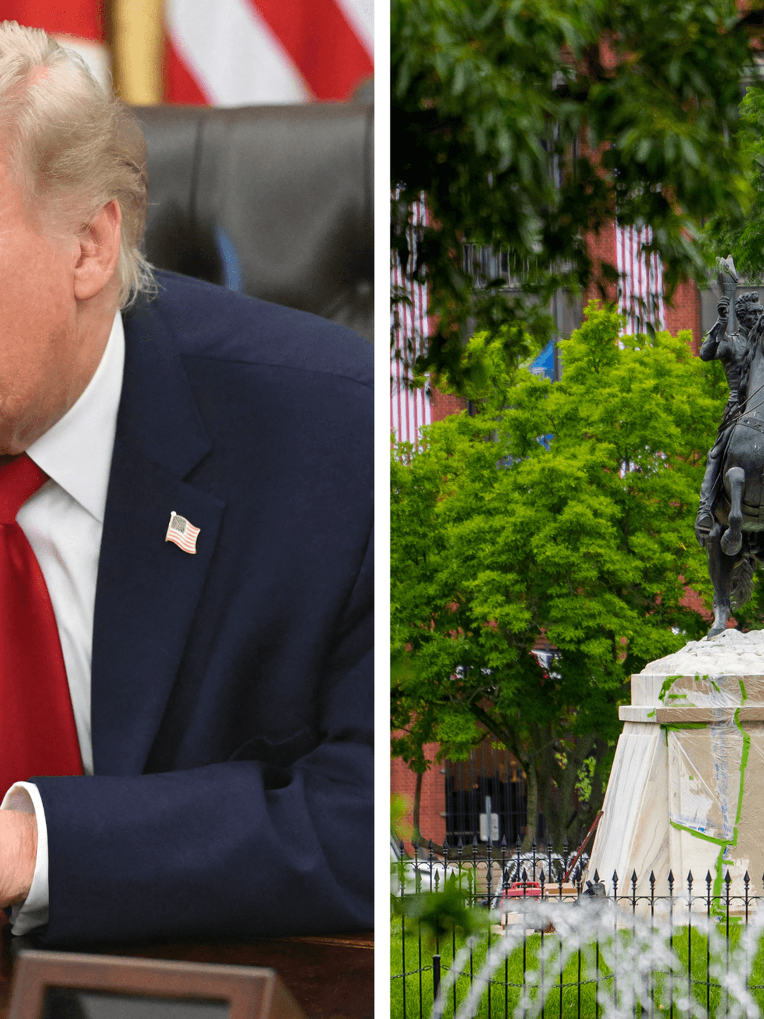 Left, Donald Trump in the Oval Office. Right, a fountain in Lafayette Square park.