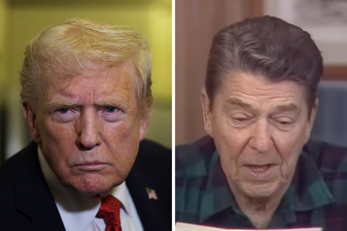 Left, Donald Trump, inside Air Force One and staring intensely with a neutral expression on his face. Right, Ronald Reagan reading from a sheet of paper in front of him.