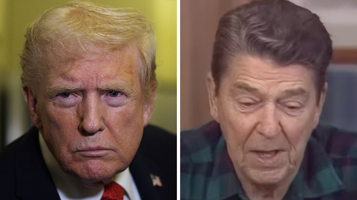 Left, Donald Trump, inside Air Force One and staring intensely with a neutral expression on his face. Right, Ronald Reagan reading from a sheet of paper in front of him.