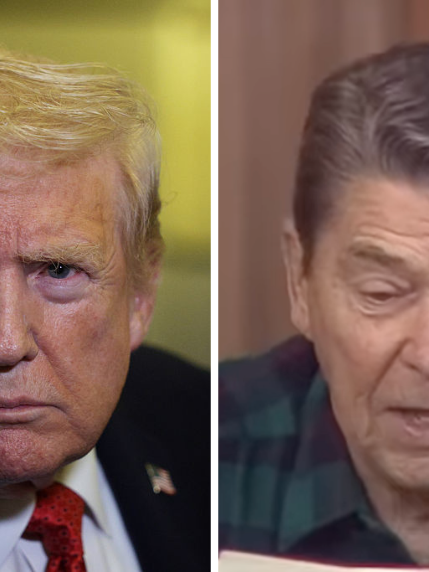Left, Donald Trump, inside Air Force One and staring intensely with a neutral expression on his face. Right, Ronald Reagan reading from a sheet of paper in front of him.