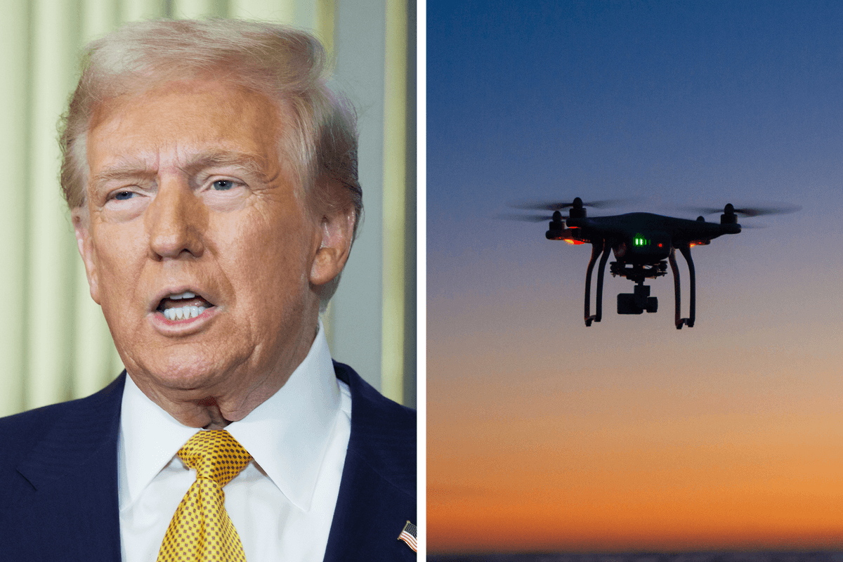 Left, Donald Trump. Right, a drone hovering in the sky at dusk.