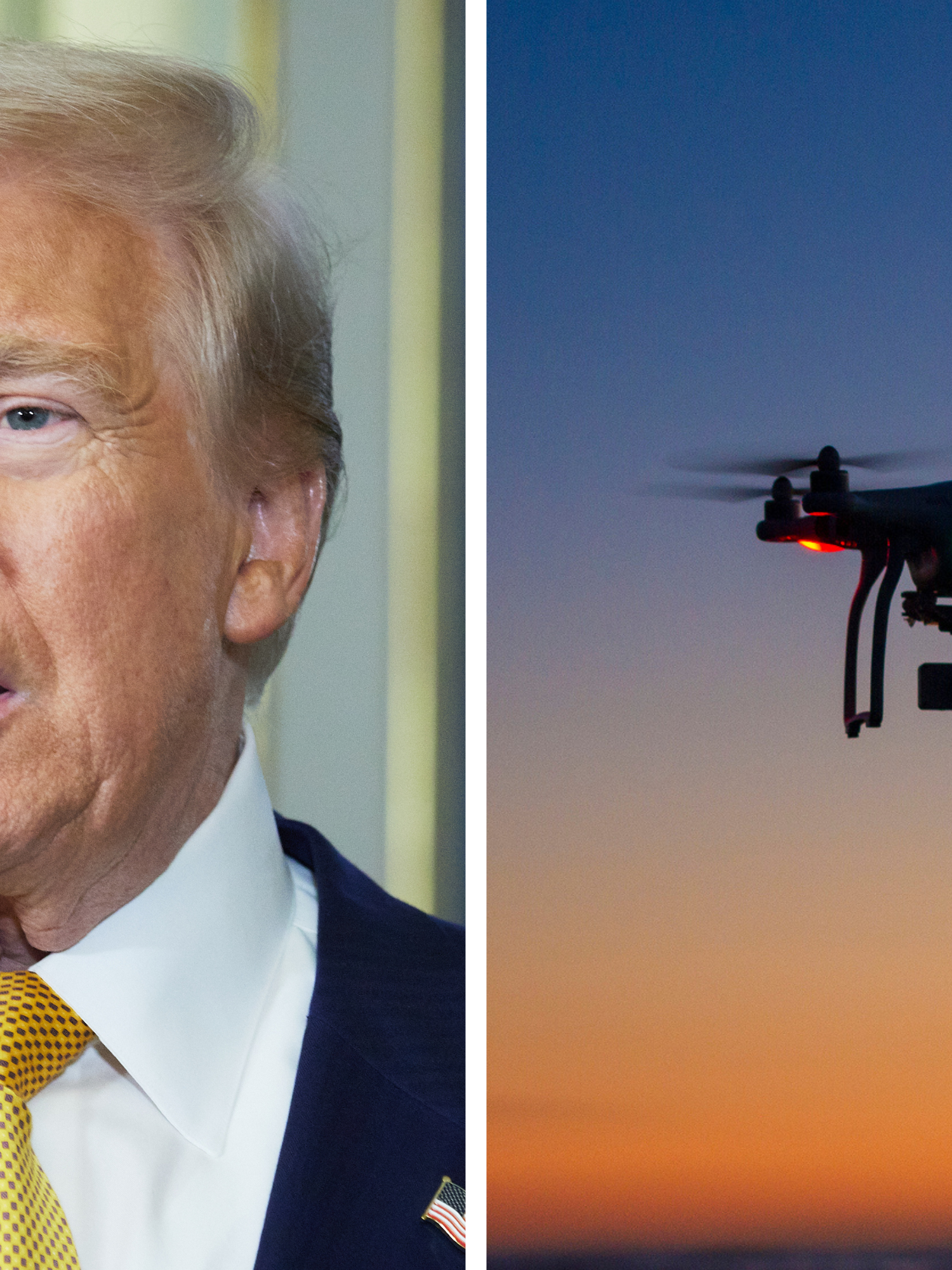 Left, Donald Trump. Right, a drone hovering in the sky at dusk.
