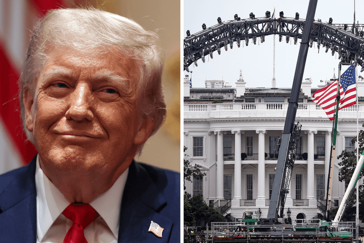 Left, Donald Trump. Right, a metallic arch being constructed in front of the White House for the UFC event.