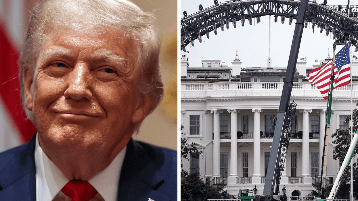 Left, Donald Trump. Right, a metallic arch being constructed in front of the White House for the UFC event.