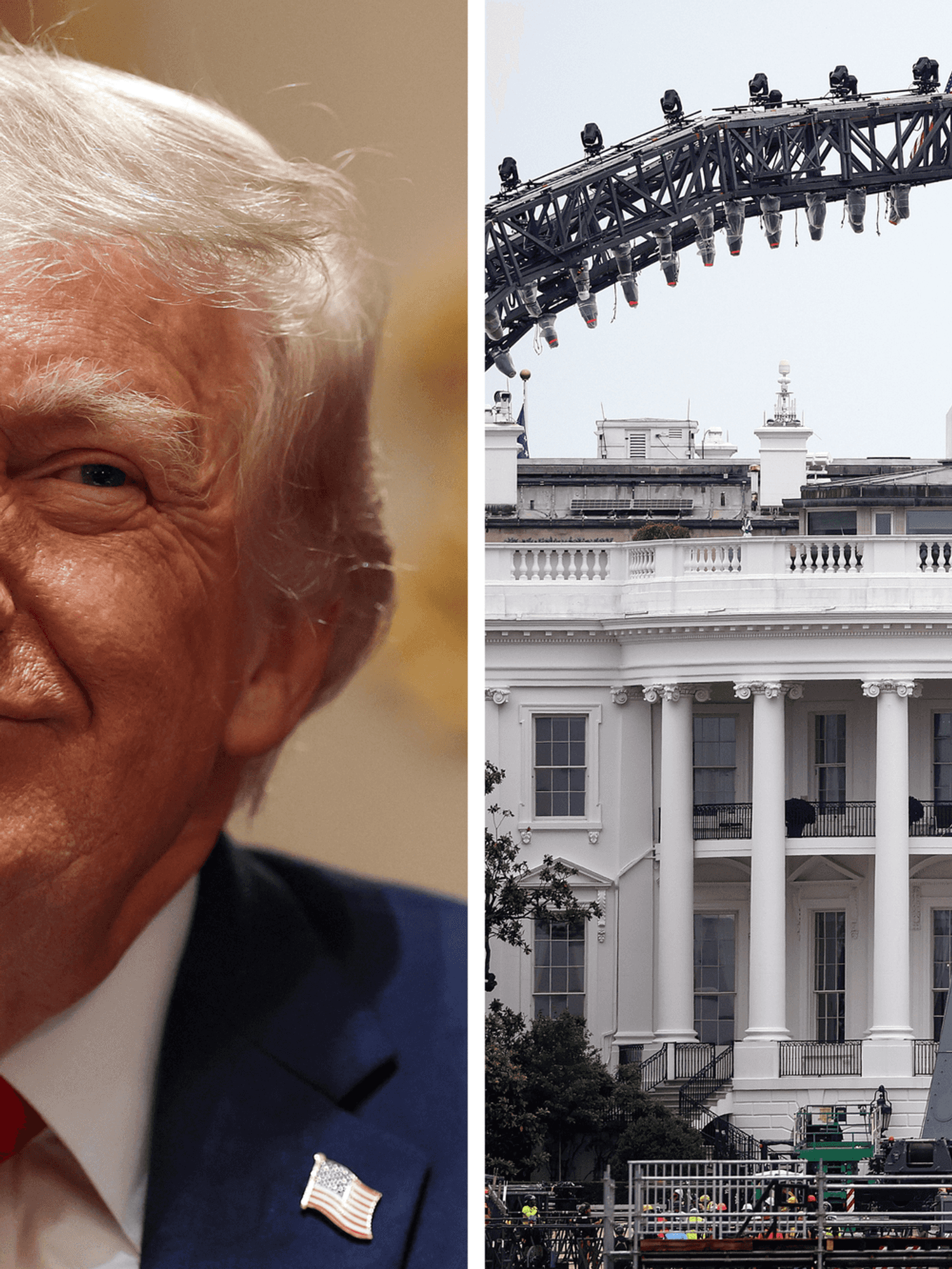 Left, Donald Trump. Right, a metallic arch being constructed in front of the White House for the UFC event.