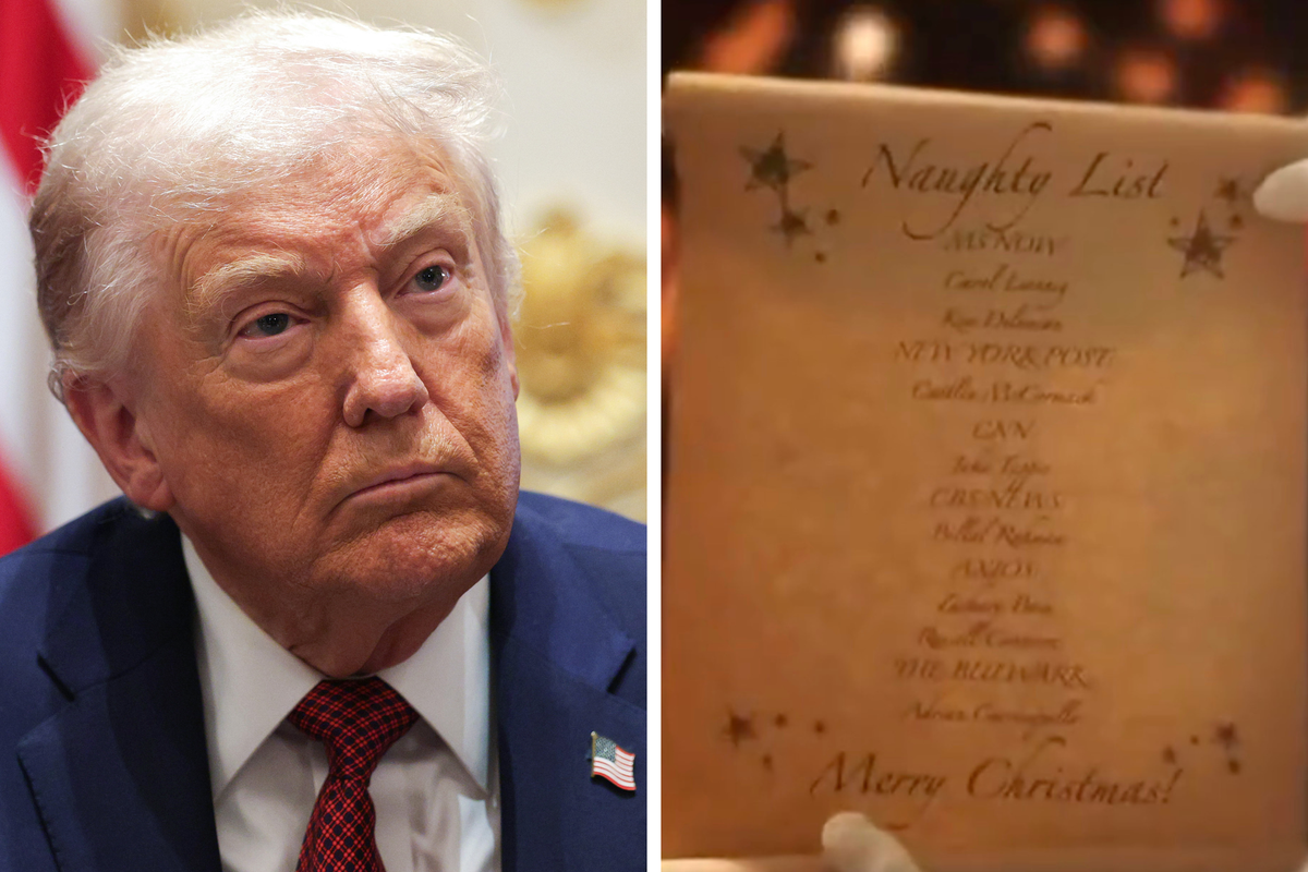Left, Donald Trump. Right, a scroll listing names and news outlets under the headline 'Naughty List'.