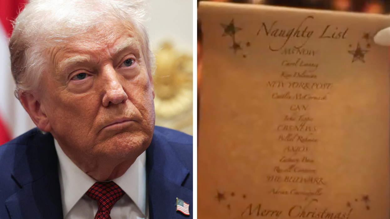 Left, Donald Trump. Right, a scroll listing names and news outlets under the headline 'Naughty List'.