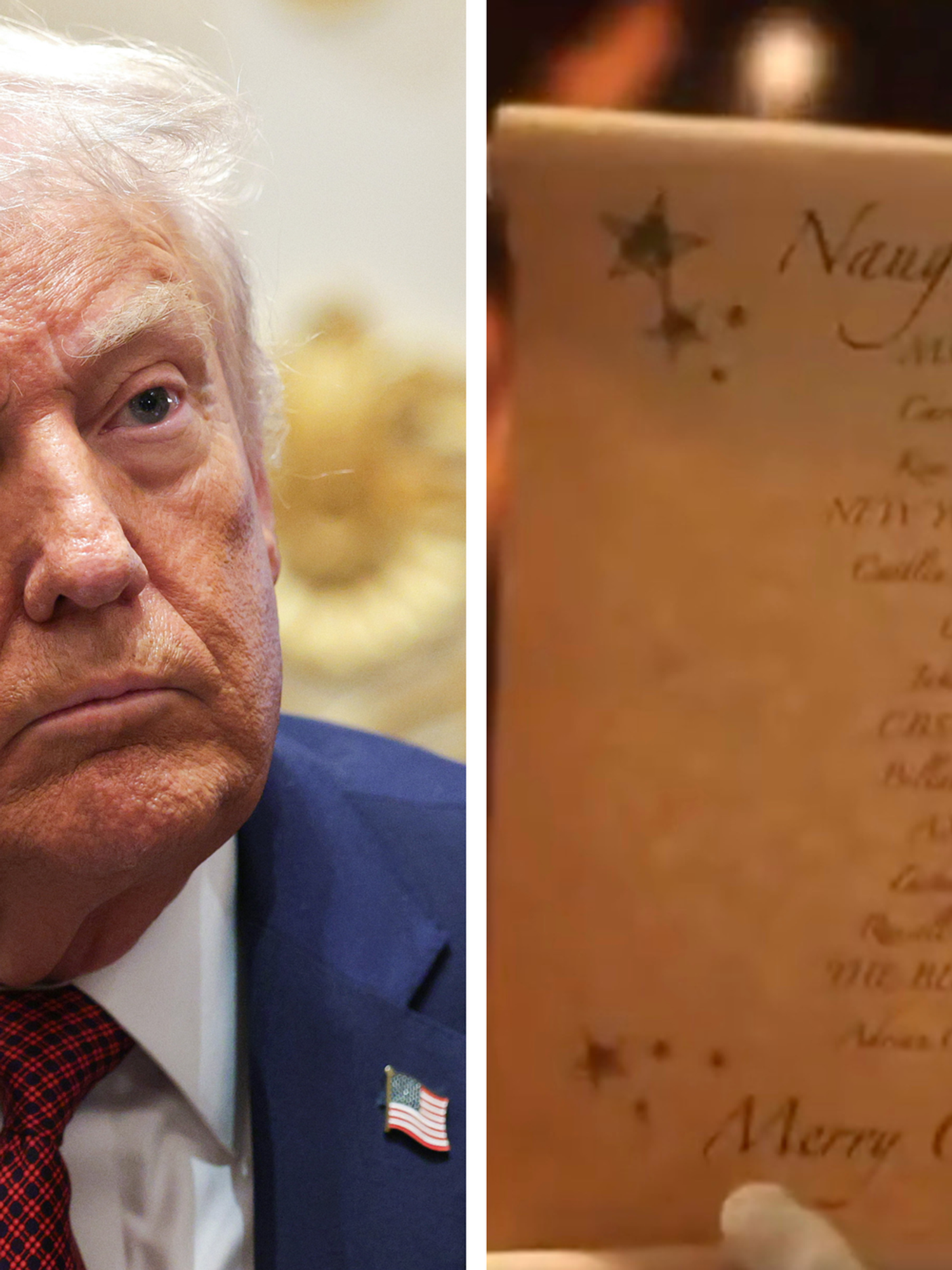 Left, Donald Trump. Right, a scroll listing names and news outlets under the headline 'Naughty List'.