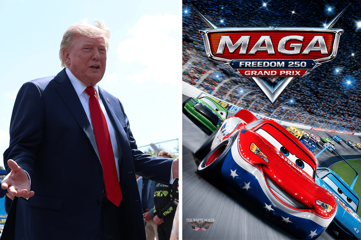 Left, Donald Trump. Right, an edited version of the Cars movie poster, with Lightning McQueen in the US flag colours and text reading: 'MAGA Freedom 250 Grand Prix'.