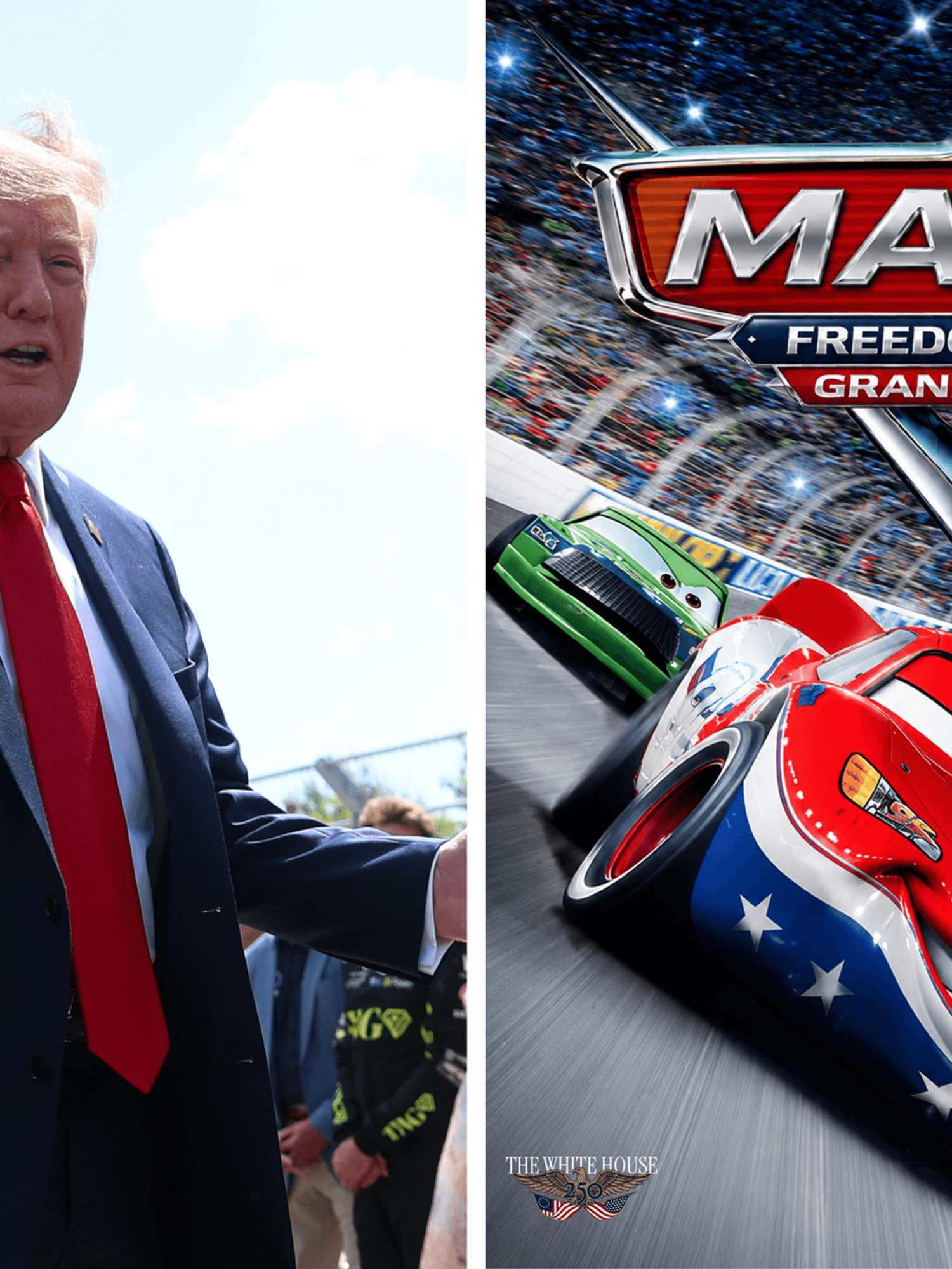 Left, Donald Trump. Right, an edited version of the Cars movie poster, with Lightning McQueen in the US flag colours and text reading: 'MAGA Freedom 250 Grand Prix'.