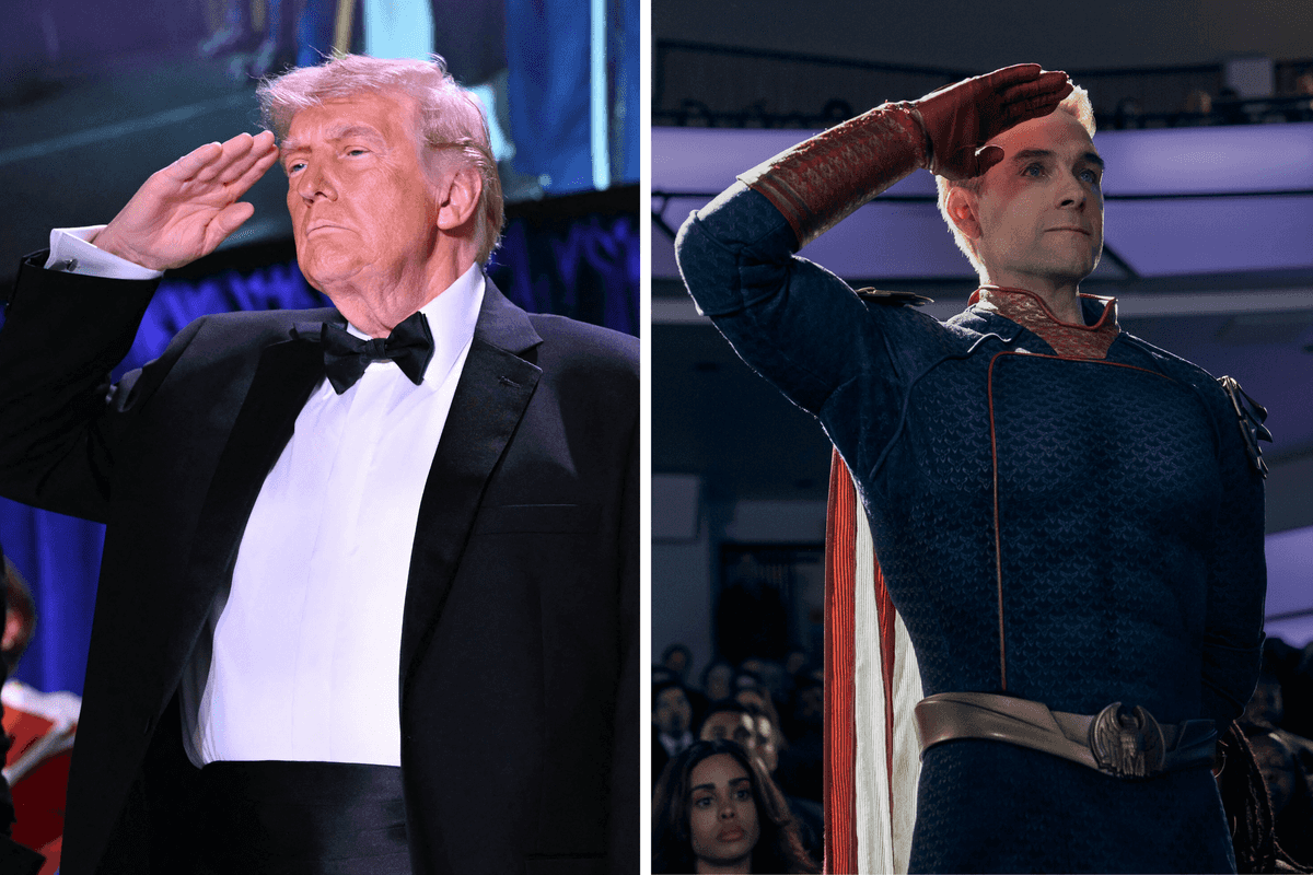 Left, Donald Trump. Right, Antony Starr as Homelander in The Boys. Both are saluting.