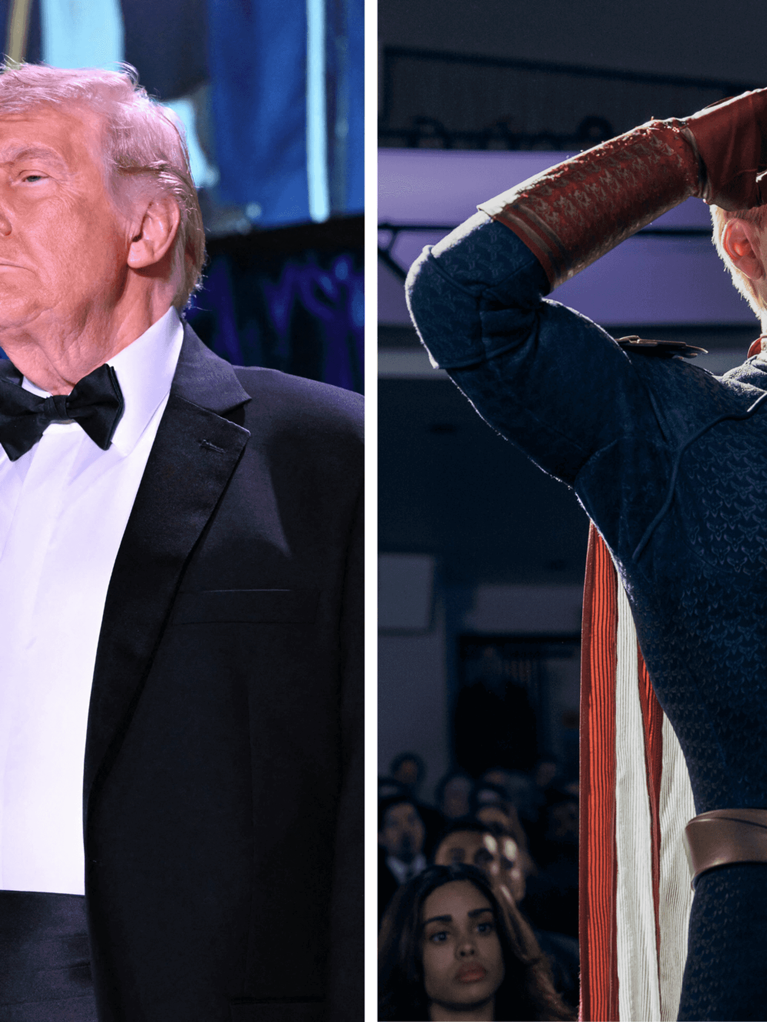 Left, Donald Trump. Right, Antony Starr as Homelander in The Boys. Both are saluting.