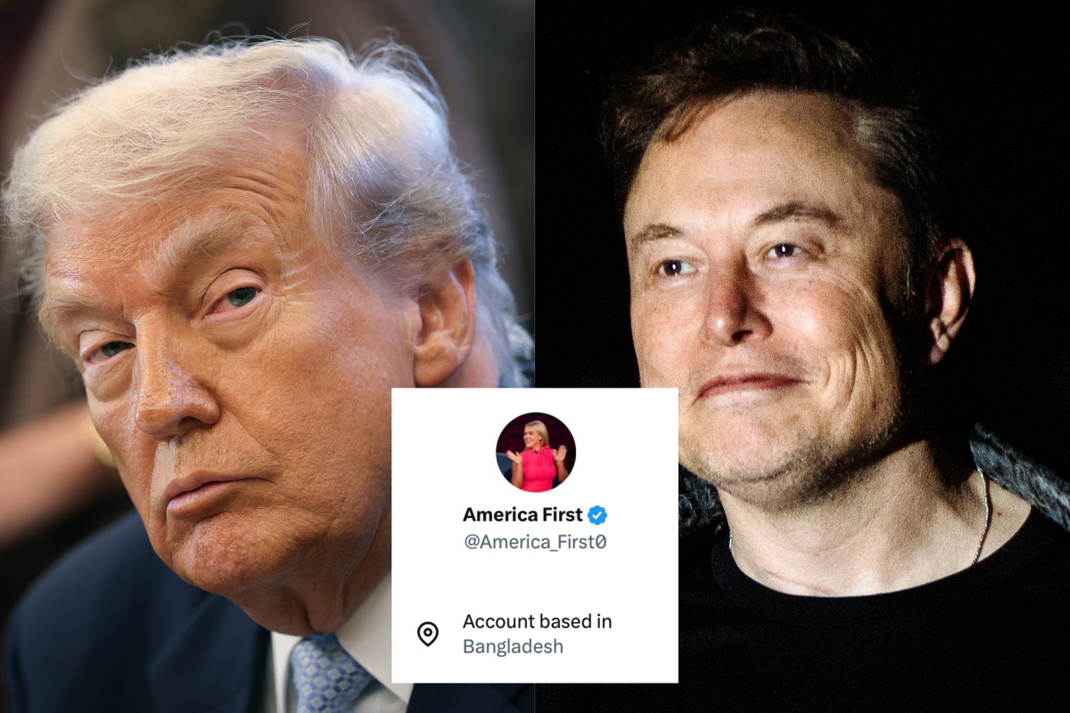 Left, Donald Trump. Right, Elon Musk. Inset in the middle of the image is a screenshot of a Twitter account called 'America First', with text underneath saying 'Account based in Bangladesh'.