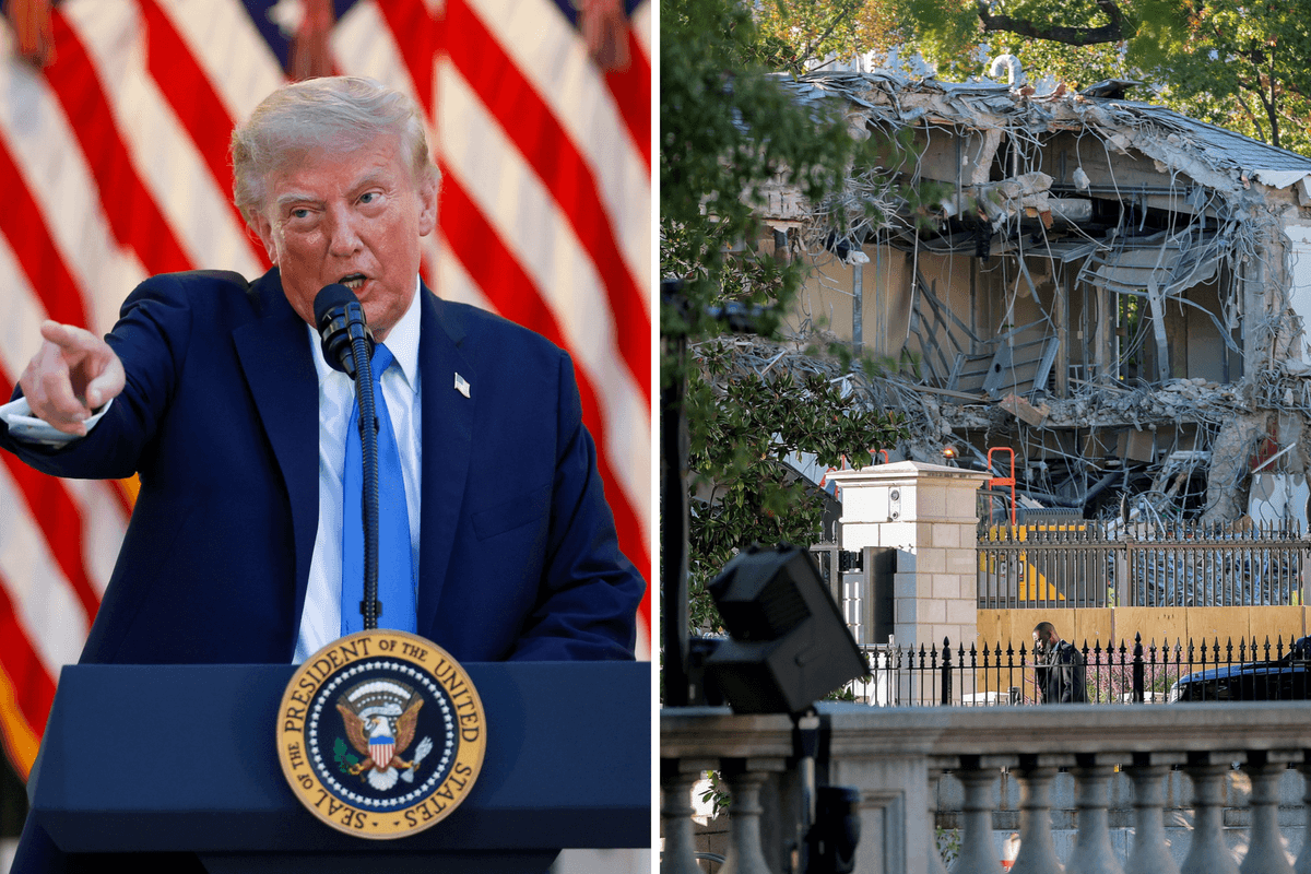 Left, Donald Trump. Right, the demolished East Wing of the White House.
