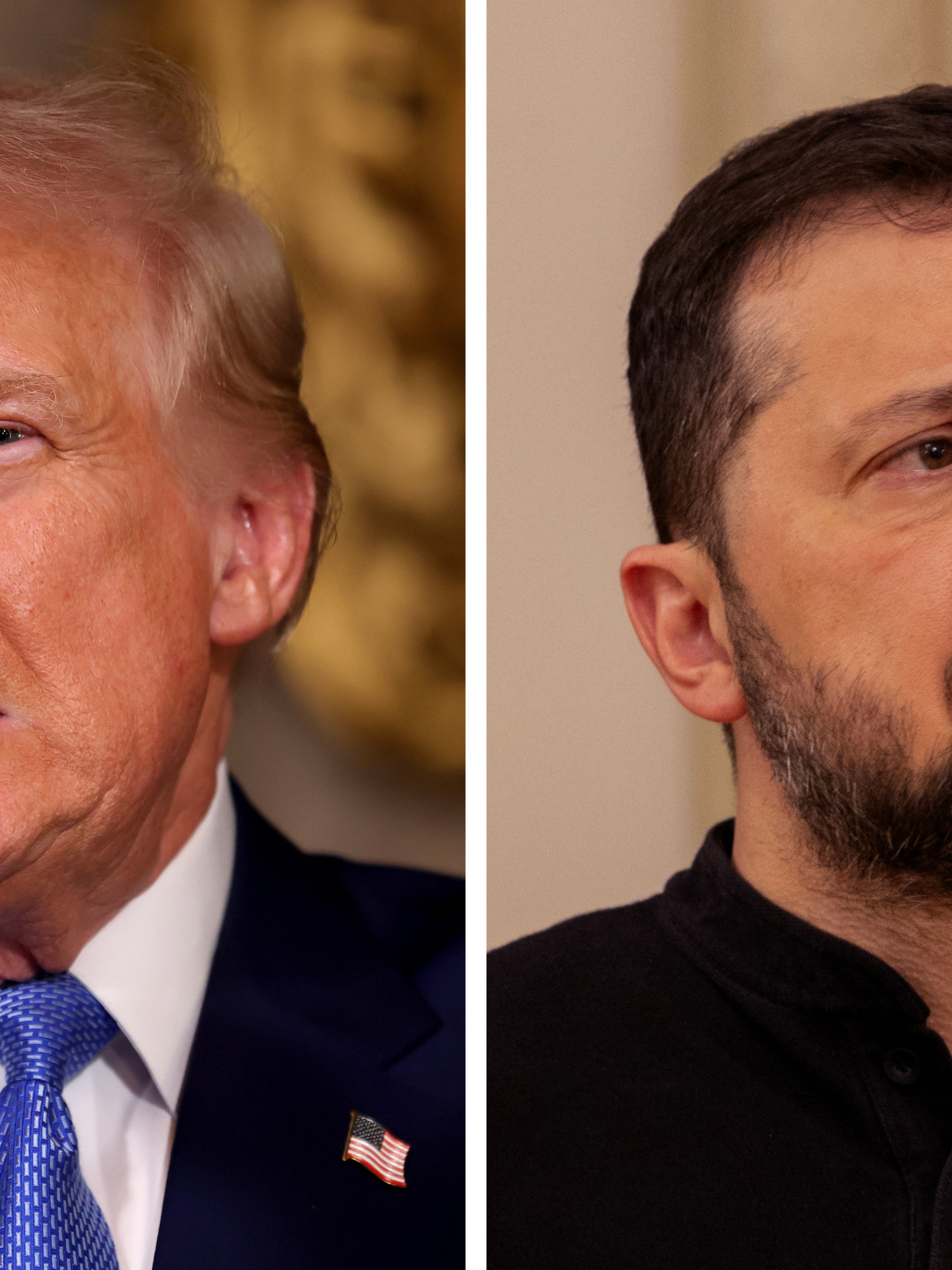 Left, Donald Trump. Right, Volodymyr Zelensky.
