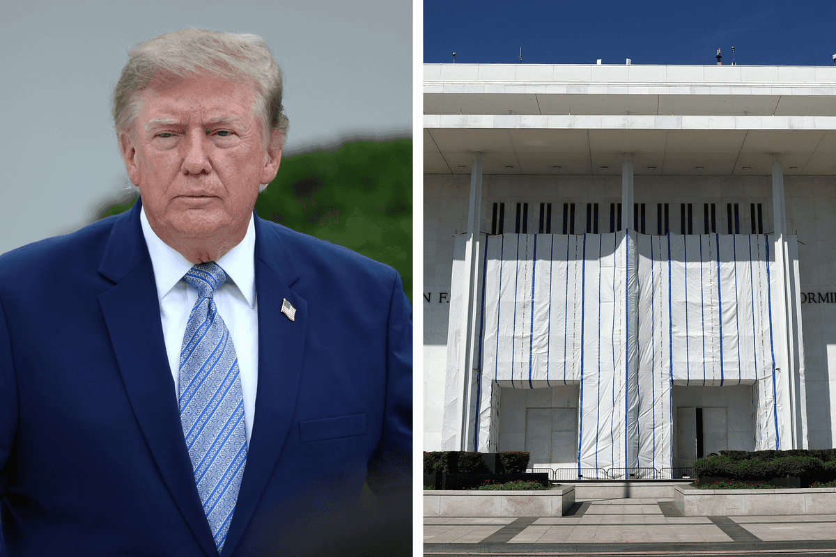 Left, Donald Trump. Right, white tarpaulin covering the exterior of the Kennedy Center.
