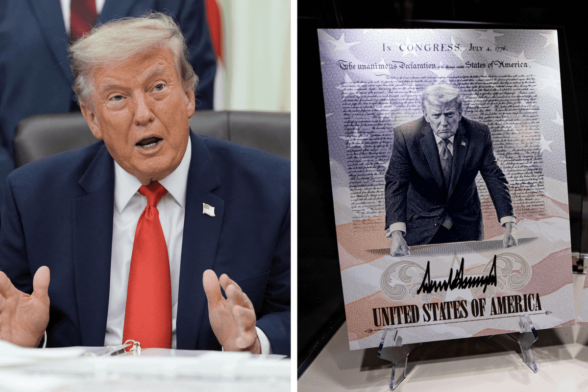 Left, Donald Trump sitting behind the Resolute Desk in the Oval Office and speaking to reporters. Right, a placard of the Trump passport on a stand, showing Trump standing and resting his fists on a desk.