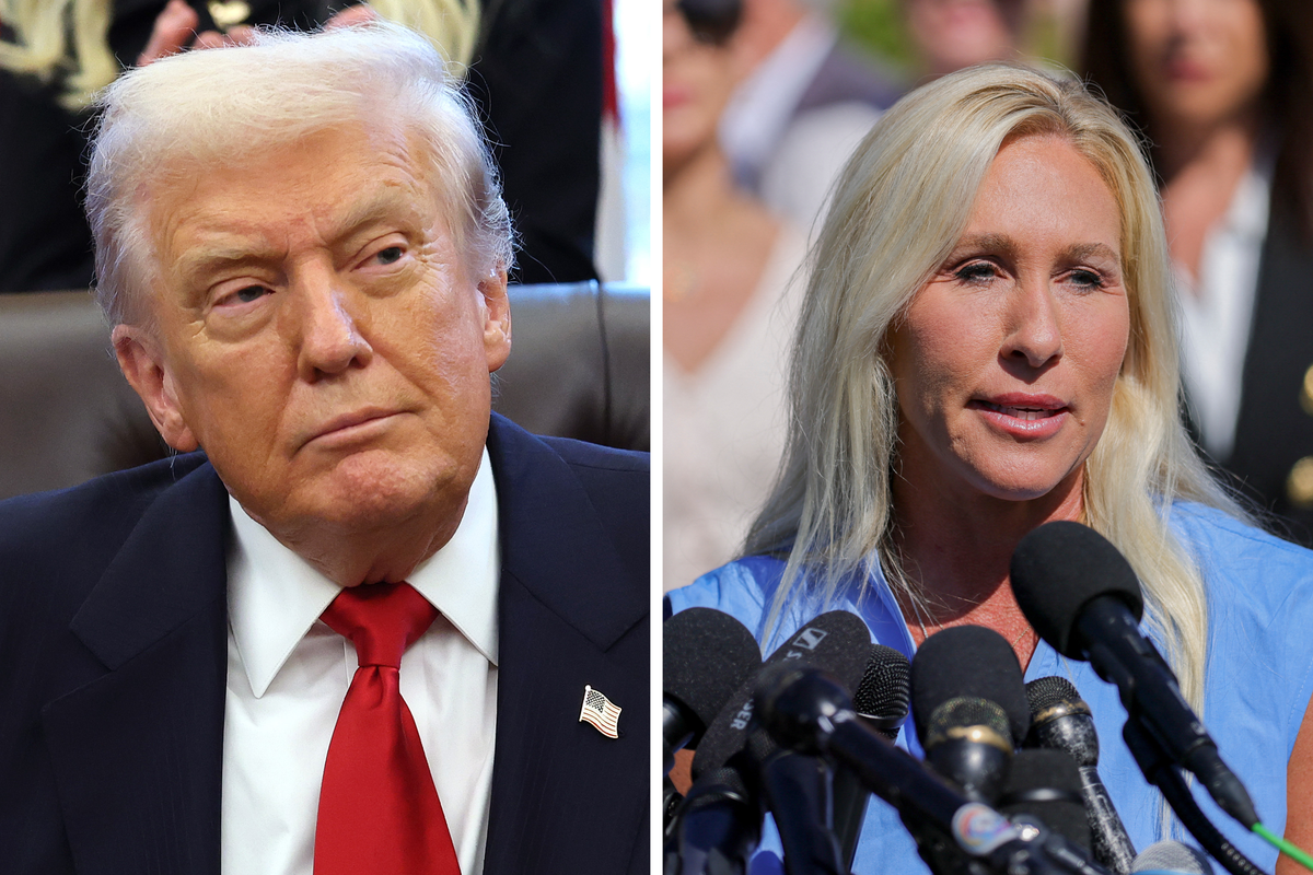 Left, Donald Trump sitting in his chair in the Oval Office. Right, Marjorie Taylor Greene speaking into multiple microphones at the Capitol.