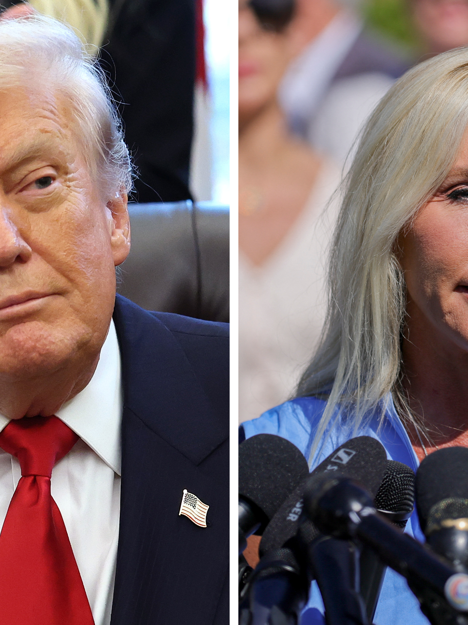 Left, Donald Trump sitting in his chair in the Oval Office. Right, Marjorie Taylor Greene speaking into multiple microphones at the Capitol.