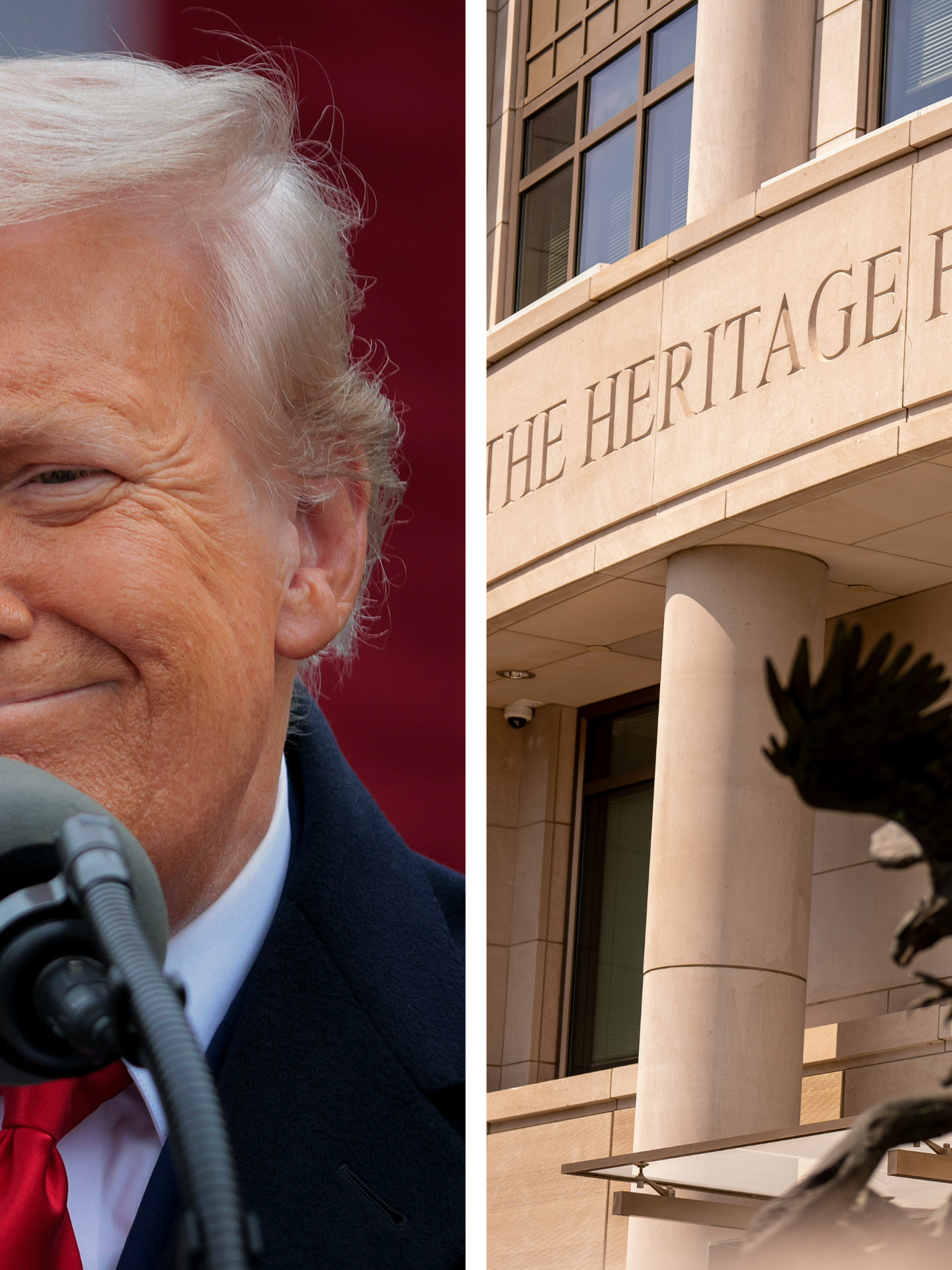 Left, Donald Trump smiles as he stands behind a microphone. Right, a building with the words 'The Heritage Foundation' on the wall and an eagle statue below it.