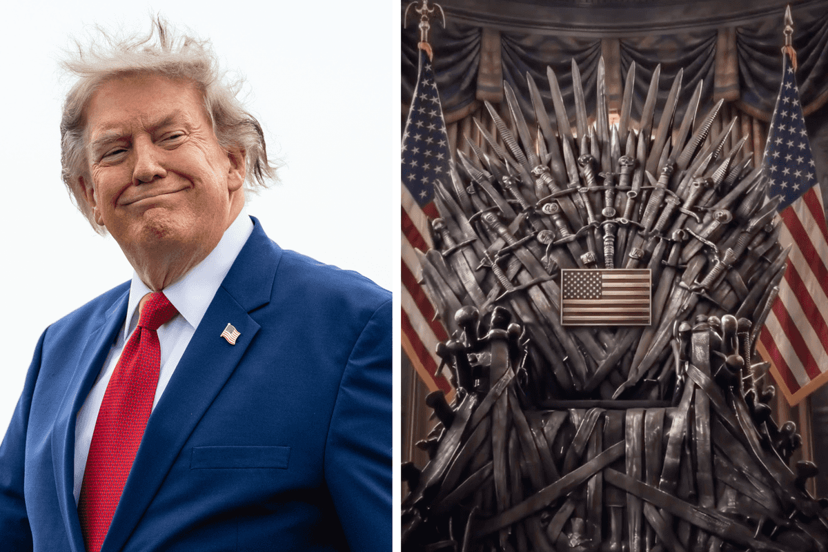 Left, Donald Trump smirking with windswept blonde hair. Right, the Iron Throne from Game of Thrones emblazoned with US flags.
