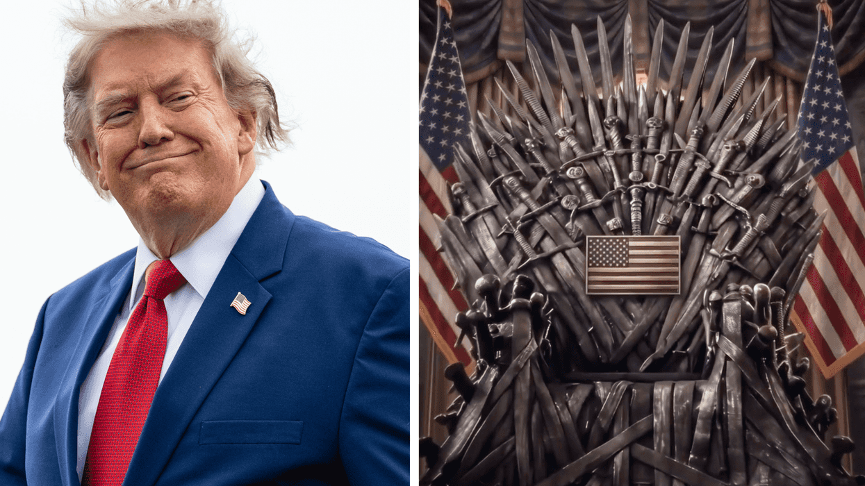 Left, Donald Trump smirking with windswept blonde hair. Right, the Iron Throne from Game of Thrones emblazoned with US flags.