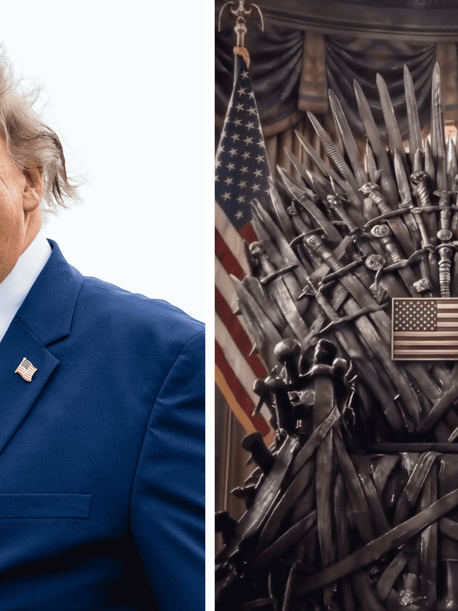 Left, Donald Trump smirking with windswept blonde hair. Right, the Iron Throne from Game of Thrones emblazoned with US flags.