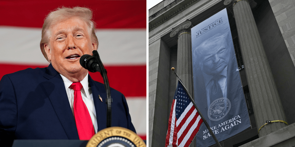 Trump banner erected outside DOJ slammed as ‘shameful’ and ‘beyond ...