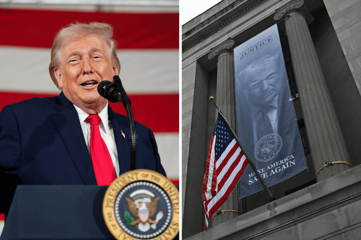 Left, Donald Trump speaking behind his presidential lectern and in front of a US flag. Right, a banner featuring Donald Trump and the words 'Make America Safe Again' outside the Department of Justice.