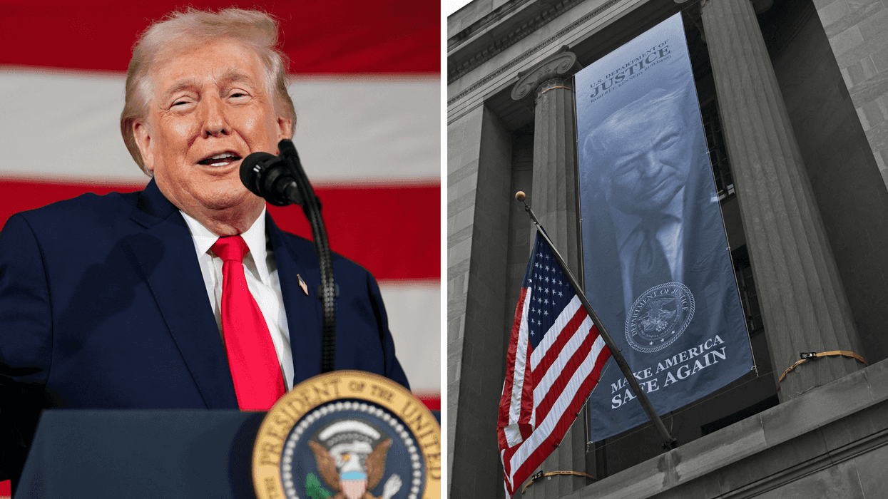 Left, Donald Trump speaking behind his presidential lectern and in front of a US flag. Right, a banner featuring Donald Trump and the words 'Make America Safe Again' outside the Department of Justice.