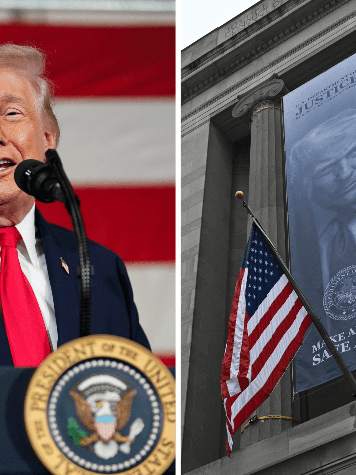 Left, Donald Trump speaking behind his presidential lectern and in front of a US flag. Right, a banner featuring Donald Trump and the words 'Make America Safe Again' outside the Department of Justice.