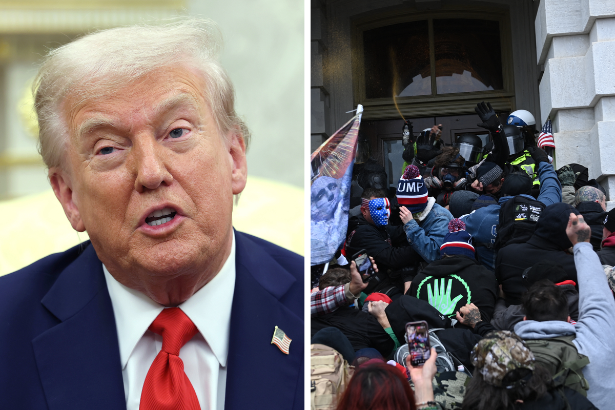 Left, Donald Trump speaking in the Oval Office. Right, Trump supporters clashing with police at the US Capitol on January 6.